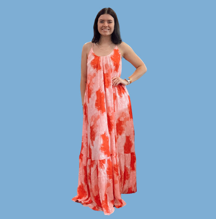Red and Pink Tie Dye Maxi Dress