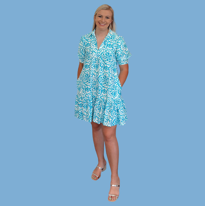 Painted Tile Design Aqua Dress w/ Pockets