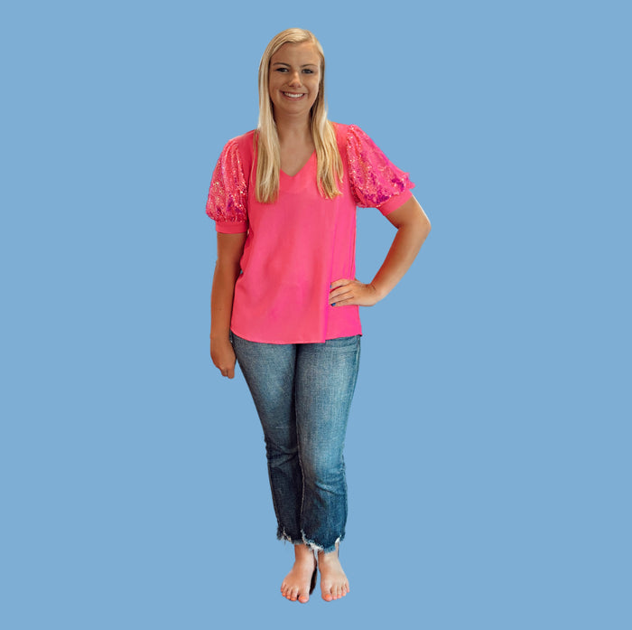 Hot Pink Sparkle Puff Sleeve Top